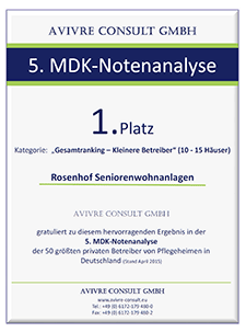 5. MDK-Notenanalyse - Platz 1 für Rosenhof Seniorenwohnanlage in der Kategorie kleine Anbieter 5. MDK-Notenanalyse - Platz 1 für Rosenhof Seniorenwohnanlage in der Kategorie kleine Anbieter